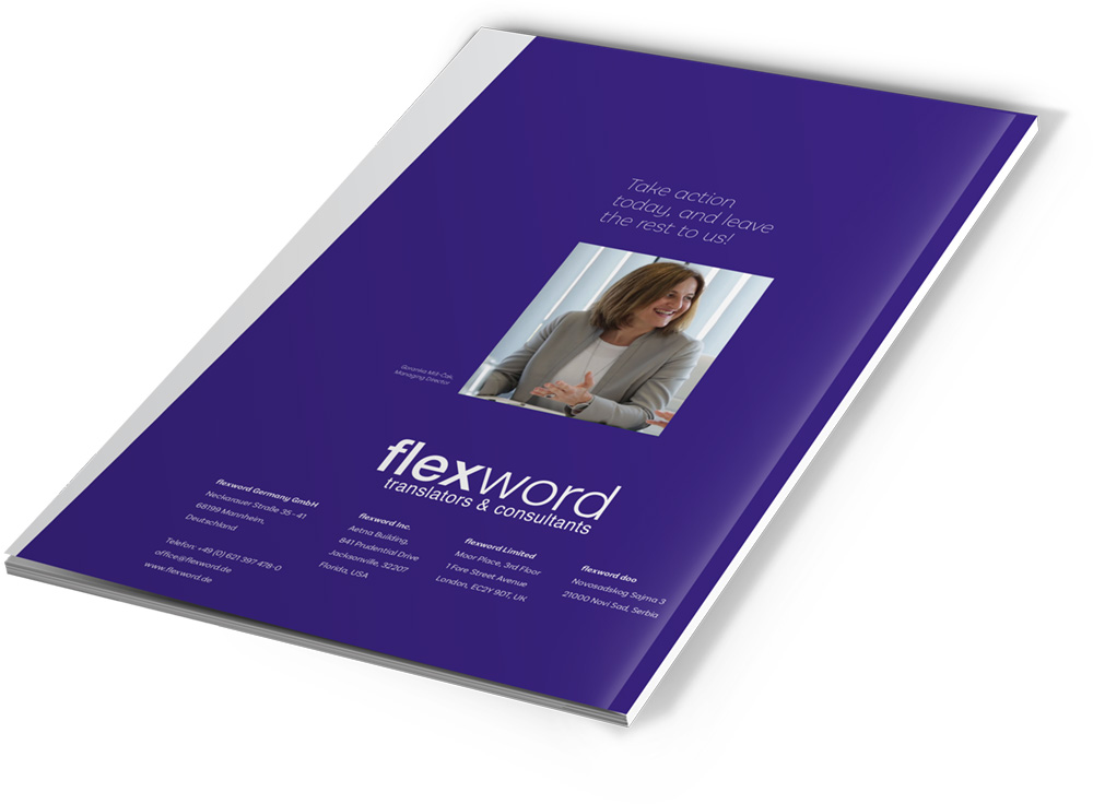 Rückseite einer Broschüre der flexword Germany GmbH