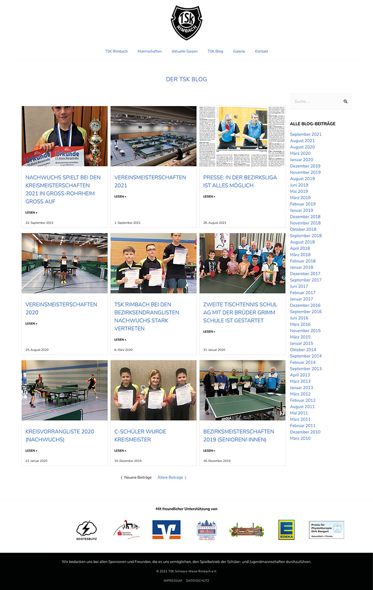 Webseite des Tischtennis-Vereins TSK Rimbach Schwarz-Weiss e.V.
