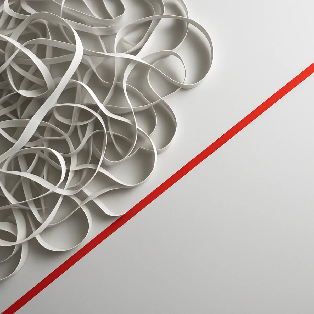 Konzeptbild: verworrenes Papierlabyrinth, daneben eine klare rote Linie – Symbol für schlanke Strukturen im Webdesign