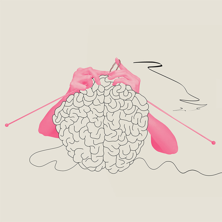 Illustration von Händen, die ein Gehirn stricken, Metapher für DIY vs. Profi im Grafikdesign.
