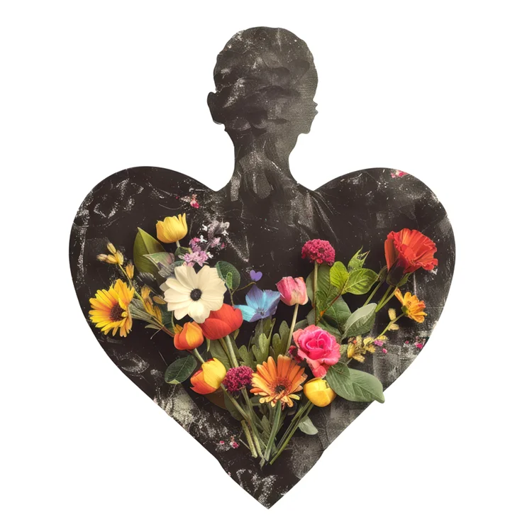 Silhouette in Herzform gefüllt mit Blumen – Metapher für innere Identität und sichtbare Markenbotschaft.