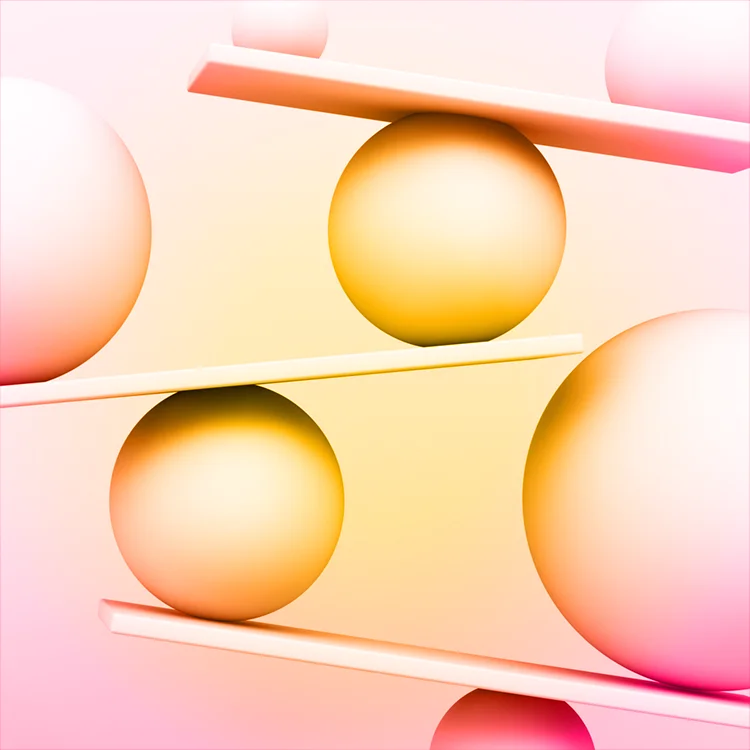 Abstraktes Bild aus schwebenden Kugeln und Flächen in Gelb und Rosé, symbolisch für Balance, Struktur und tragfähige Gestaltung im Jahr 2026.