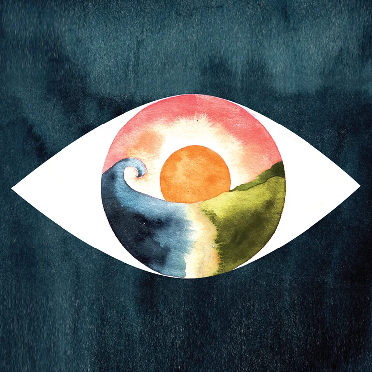 Illustration eines stilisierten Auges mit einer Landschaft und einer Sonne im Inneren, symbolisch für Wahrnehmung, Intuition und den gestalterischen Blick.