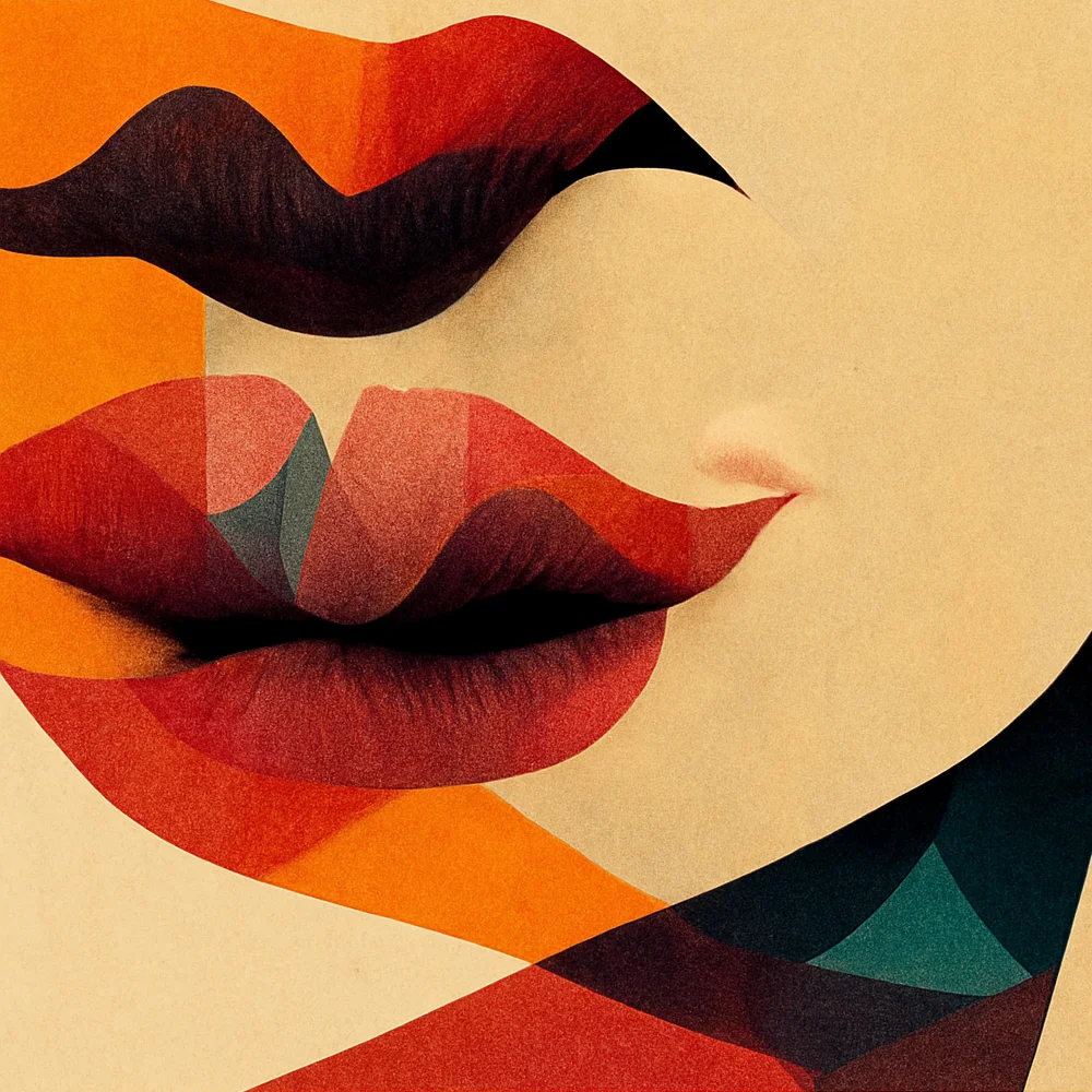 Abstrakte Illustration mit überlagerten Lippen in warmen Farbtönen. Symbolisch für analoge Kommunikation, Begegnung und Vertrauen; visuell inspiriert von Papiertexturen und klassischer Druckgestaltung.