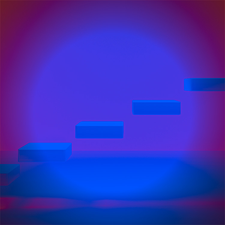 Abstraktes Bild mit schwebenden blauen Stufen vor violettem Hintergrund, symbolisch für Markenidentität im Wandel und Weiterentwicklung im Jahr 2026.