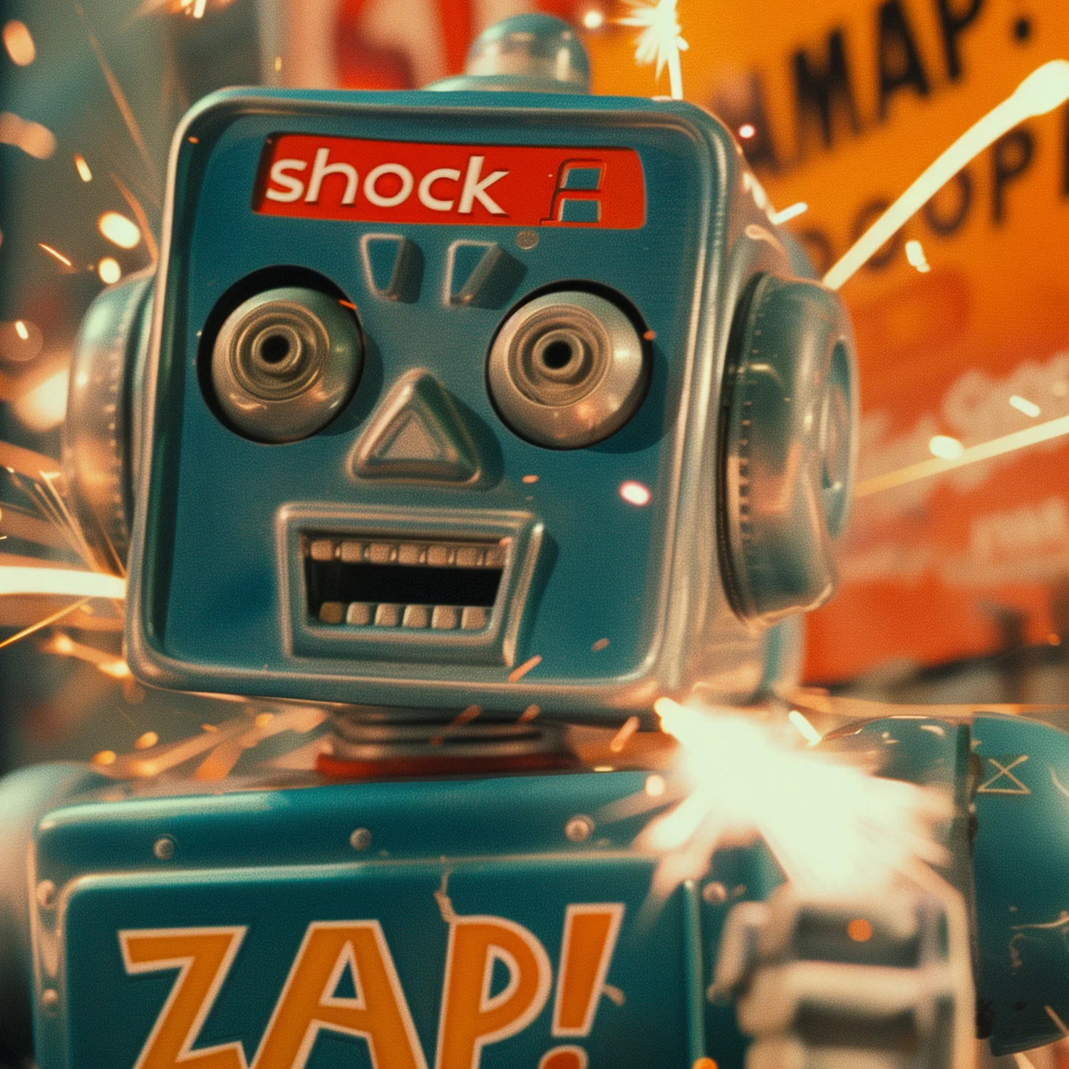 Retro-Roboter im Funkenflug mit überfordertem Gesichtsausdruck; ein humorvolles Symbol für den hektischen Dezembermodus und den Countdown am Jahresende.