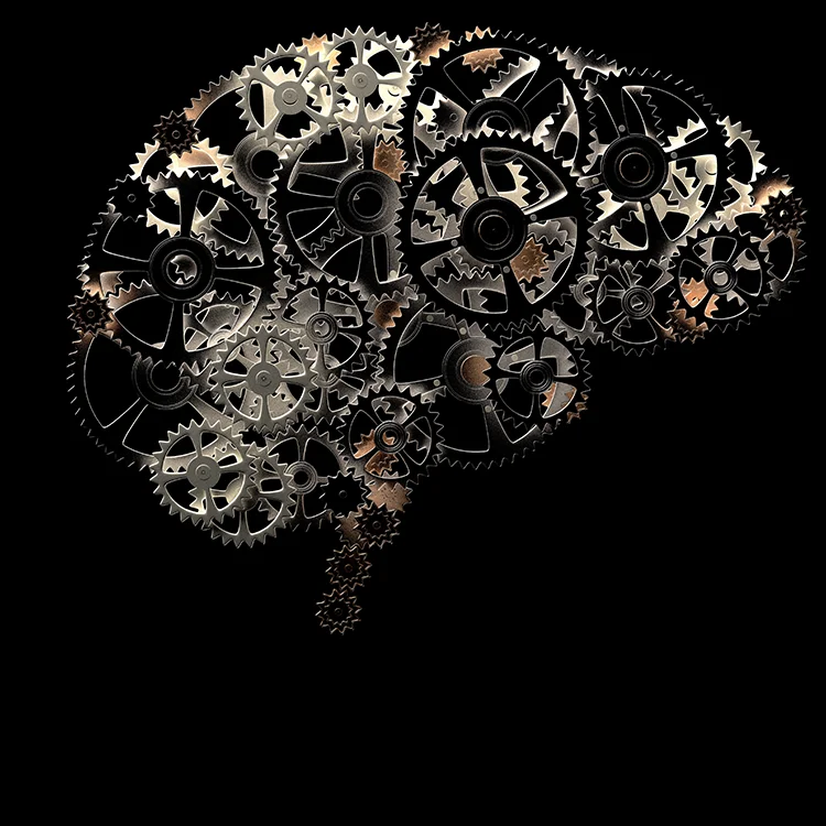 Asymmetrisch platzierte Grafik eines mechanischen Gehirns aus goldenen Zahnrädern, positioniert als Gedankenblase; symbolisiert strategisches Markendesign und die Substanz hinter der visuellen Kommunikation bei Impitas.