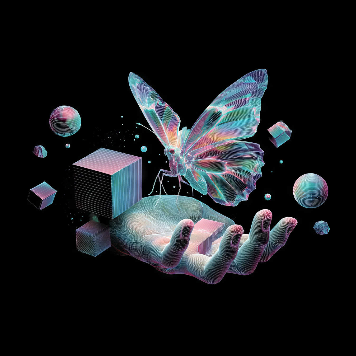 Surreale digitale Collage eines transparenten Schmetterlings auf einer technischen Drahtgitter-Hand vor schwarzem Hintergrund, als Symbol für Präzision und den Aufbau stabiler Design-Systeme.