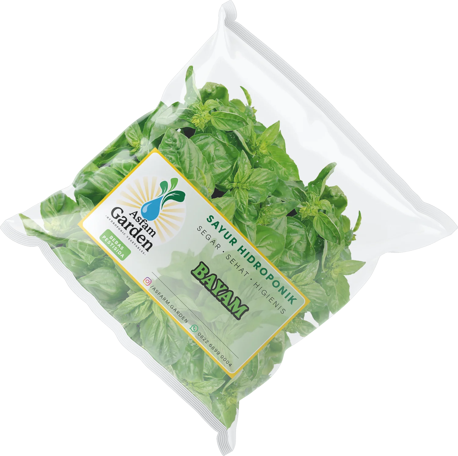 Ganzheitliches Logo-Design und Packaging für ASFAM GARDEN – Spezialist für Hydrokultur-Gemüse in Indonesien. Moderne Produktlabels für nachhaltige Verpackungen, konzipiert und gestaltet von Boris.