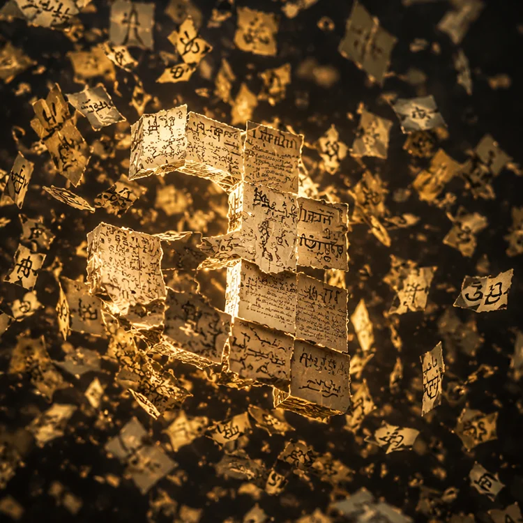 Hunderte goldene Papierseiten mit verschiedenen Schriftzeichen und Alphabeten im freien Fall; Metapher für die Komplexität von Fremdsprachensatz und mehrsprachigem Layout.
