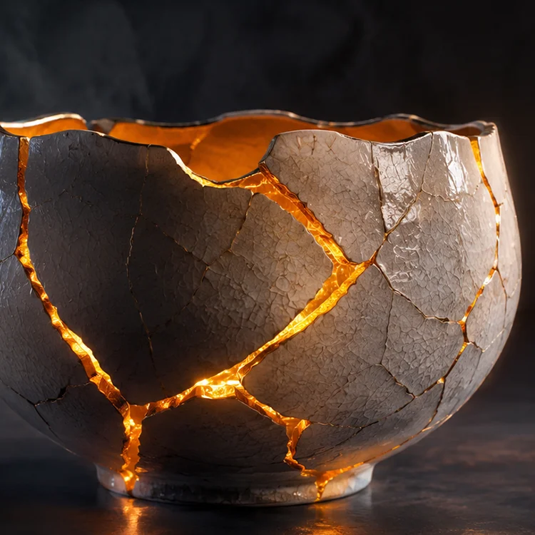 Gebrochene Keramikschale mit goldenem Licht in den Rissen; Kintsugi als Metapher für Website-Relaunch: Was gebrochen war, kann stärker zurückkommen als zuvor.