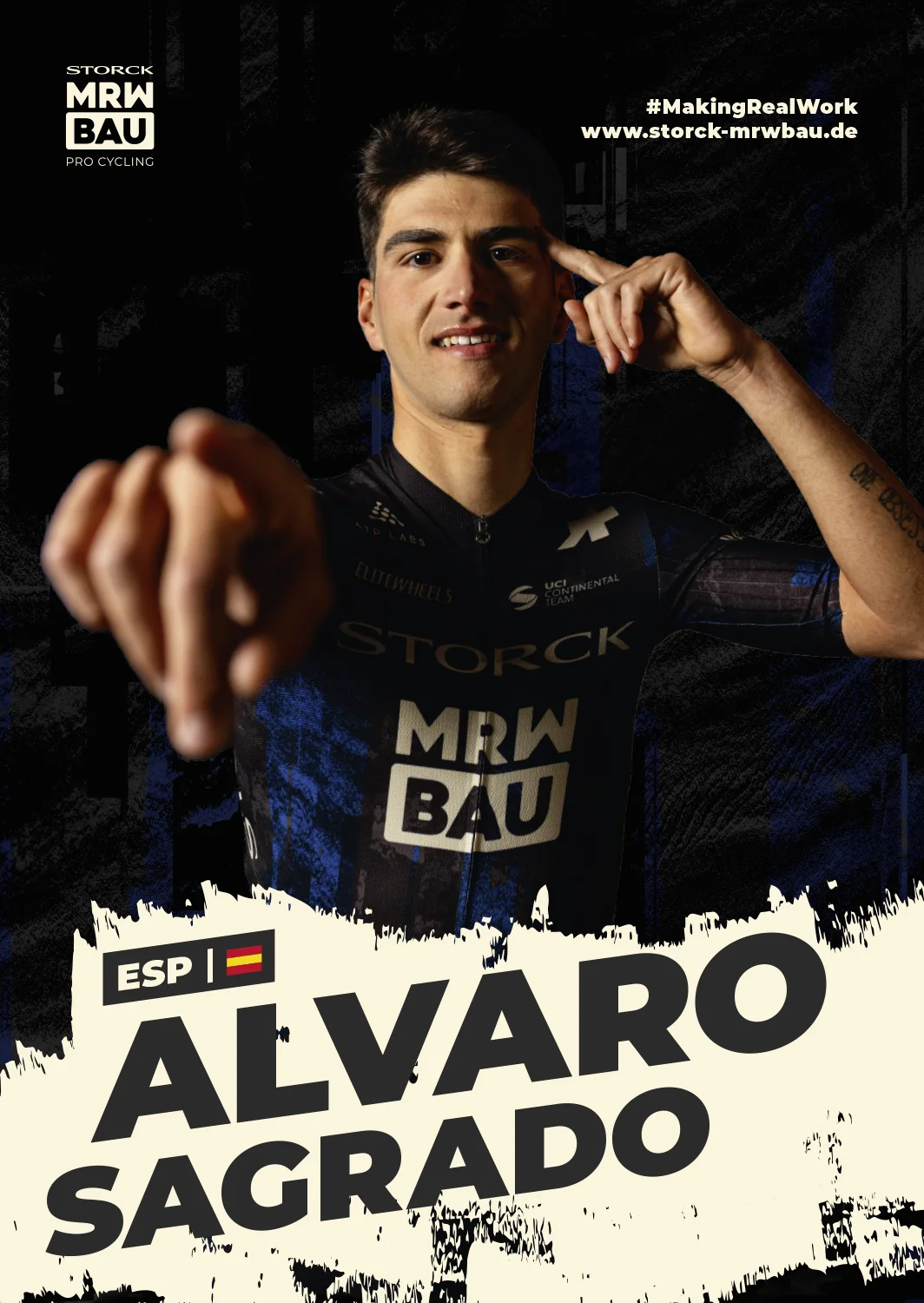 Vorderseite der Autogrammkarte von Alvaro Sagrado im Trikot des Teams Storck MRW Bau, jubelnd mit ausgebreiteten Armen, mit Name, Nation und Flagge.