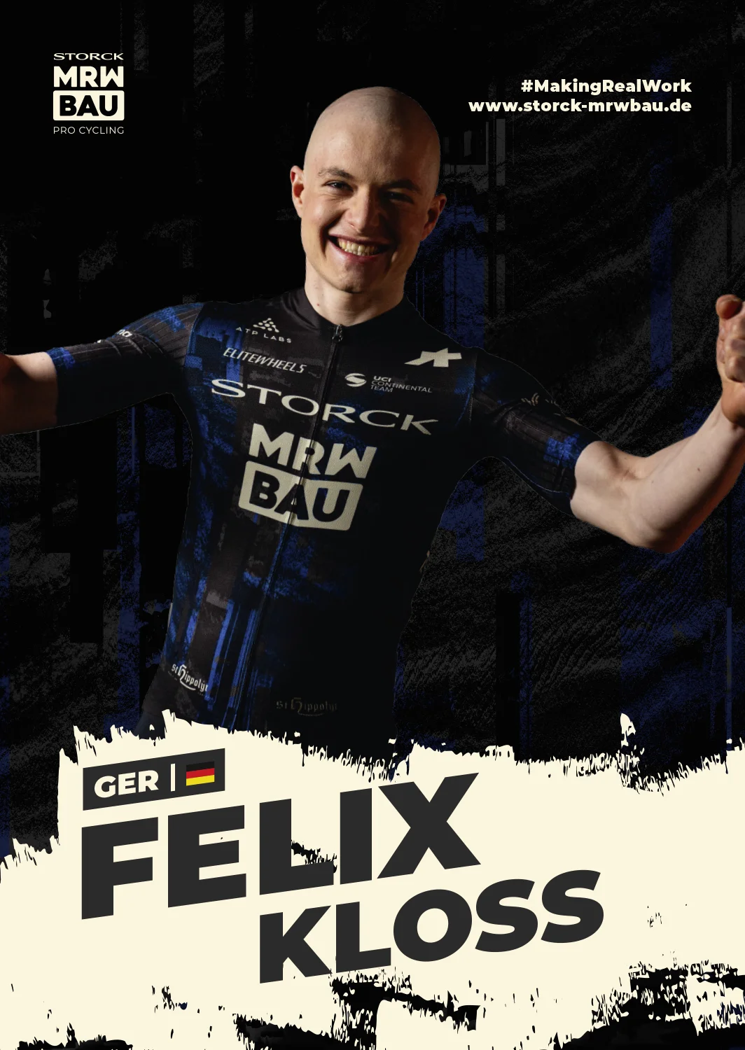 Vorderseite der Autogrammkarte von Felix Kloss im Trikot des Teams Storck MRW Bau, jubelnd mit ausgebreiteten Armen, mit Name, Nation und Flagge.
