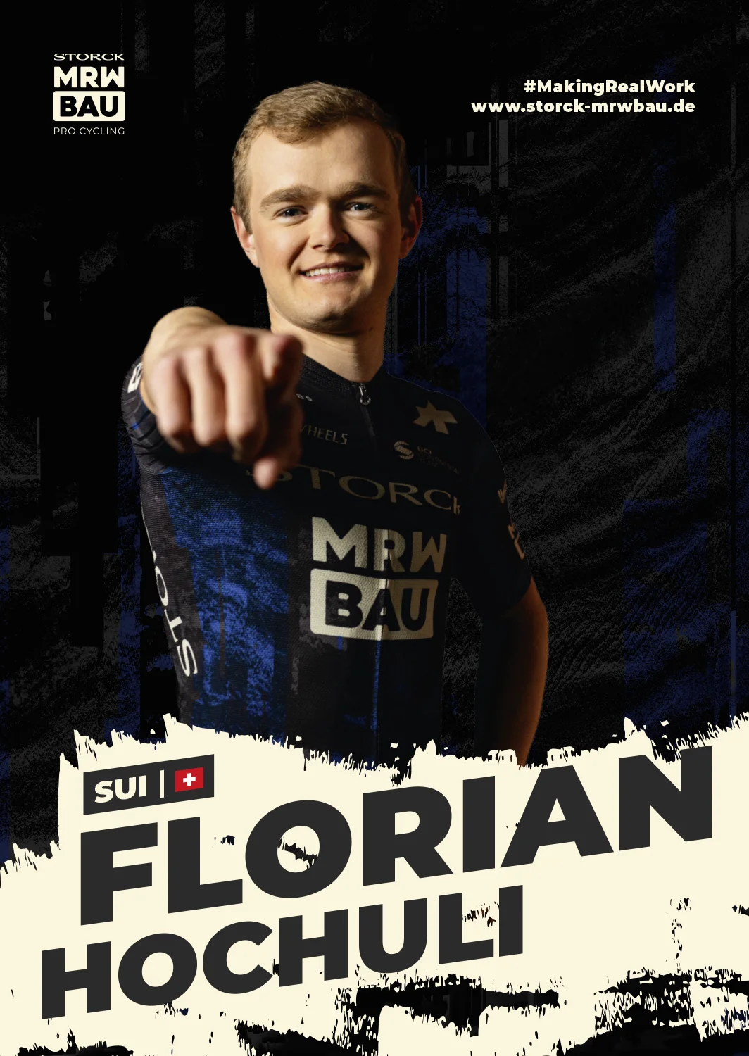 Vorderseite der Autogrammkarte von Florian Hochuli im Trikot des Teams Storck MRW Bau, jubelnd mit ausgebreiteten Armen, mit Name, Nation und Flagge.