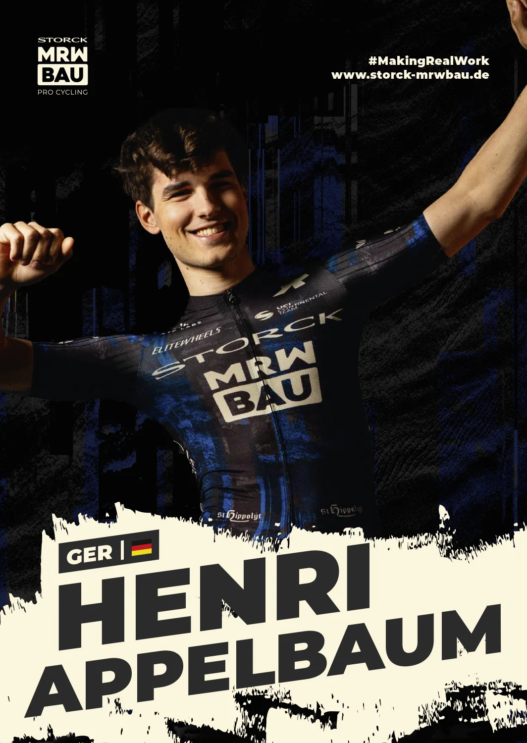 Vorderseite der Autogrammkarte von Henri Appelbaum im Trikot des Teams Storck MRW Bau, jubelnd mit ausgebreiteten Armen, mit Name, Nation und Flagge.