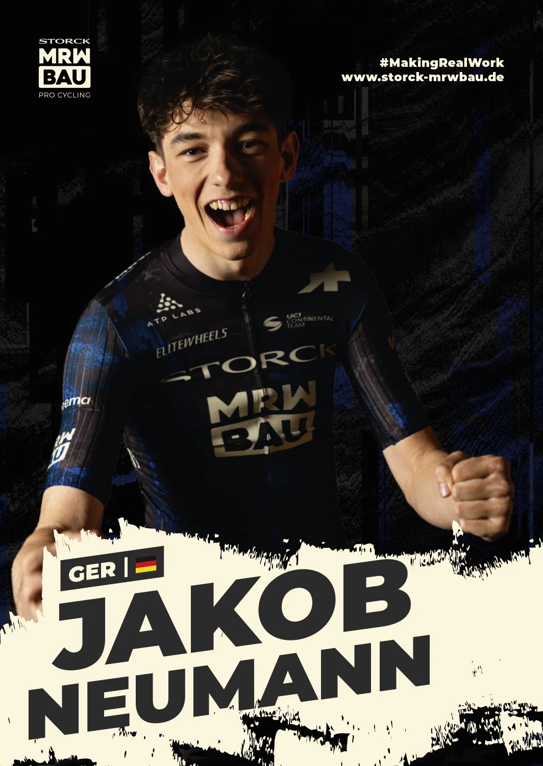 Vorderseite der Autogrammkarte von Jakob Neumann im Trikot des Teams Storck MRW Bau, jubelnd mit ausgebreiteten Armen, mit Name, Nation und Flagge.