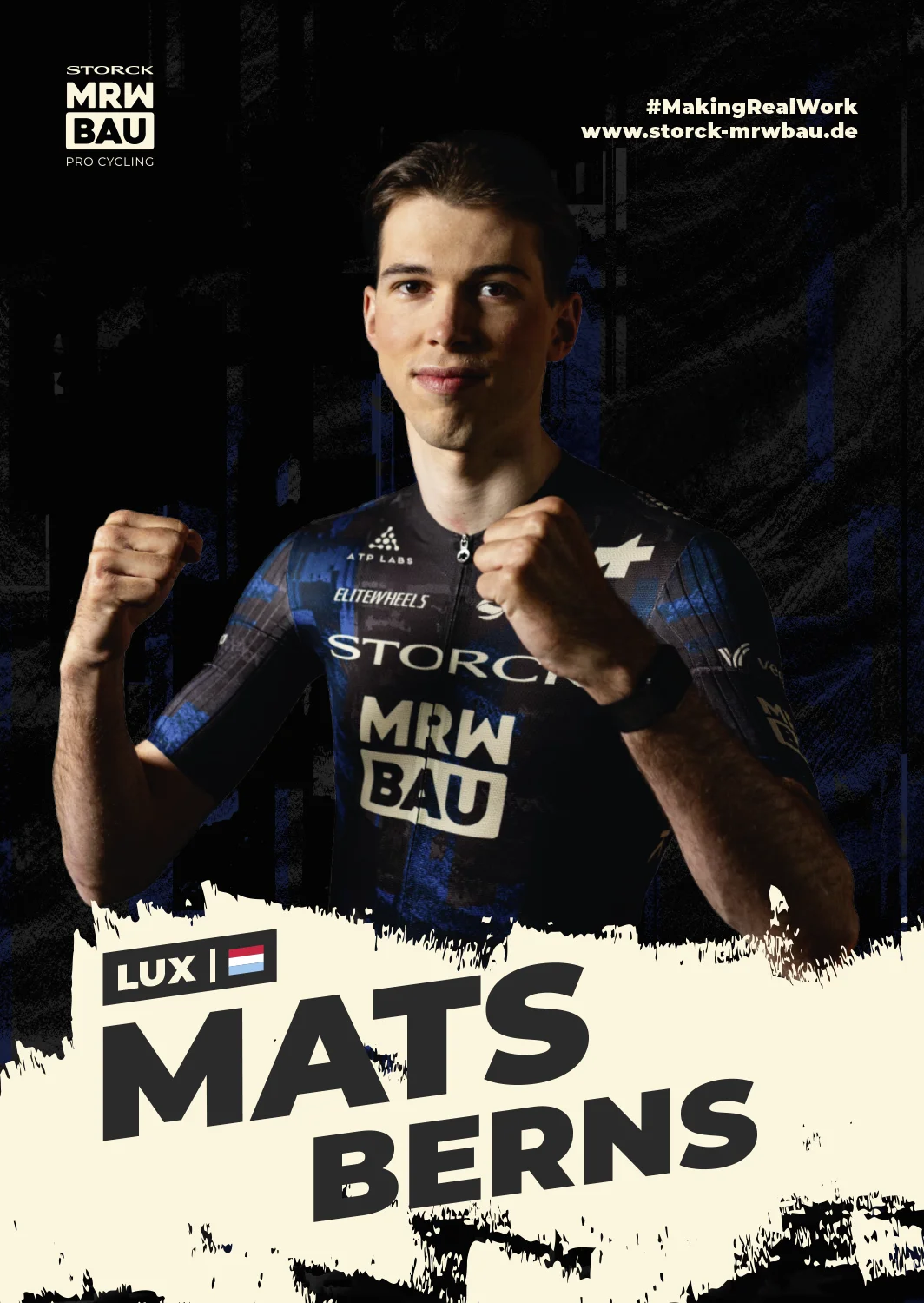 Vorderseite der Autogrammkarte von Mats Berns im Trikot des Teams Storck MRW Bau, jubelnd mit ausgebreiteten Armen, mit Name, Nation und Flagge.