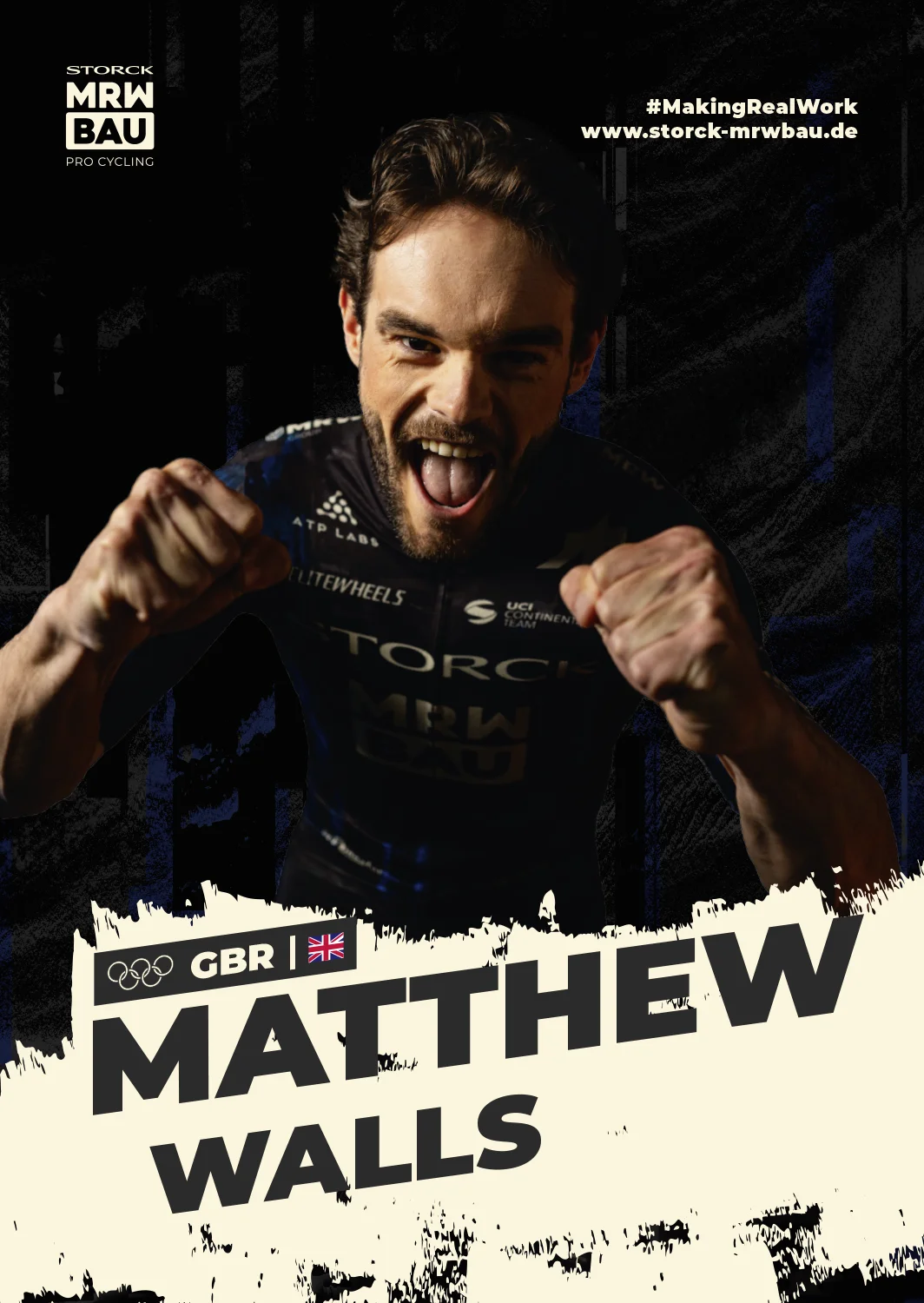 Vorderseite der Autogrammkarte von Matthew Walls im Trikot des Teams Storck MRW Bau, jubelnd mit ausgebreiteten Armen, mit Name, Nation und Flagge.