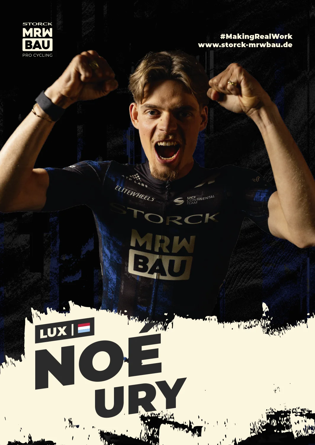Vorderseite der Autogrammkarte von Noé Ury im Trikot des Teams Storck MRW Bau, jubelnd mit ausgebreiteten Armen, mit Name, Nation und Flagge.