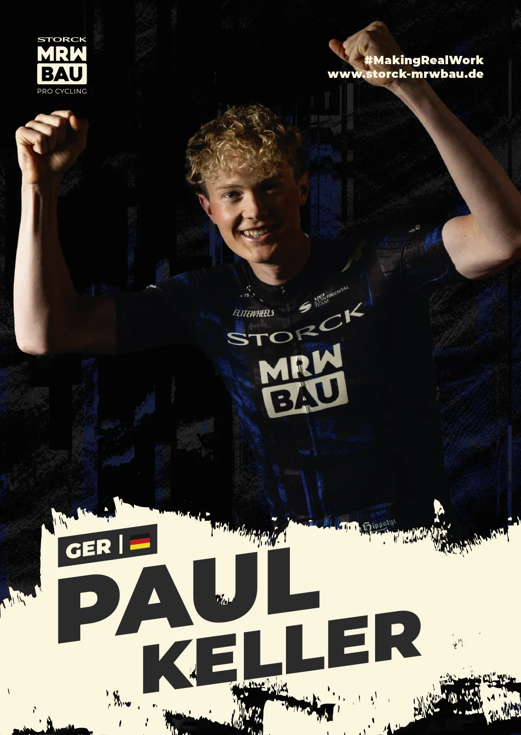 Vorderseite der Autogrammkarte von Paul Keller im Trikot des Teams Storck MRW Bau, jubelnd mit ausgebreiteten Armen, mit Name, Nation und Flagge.