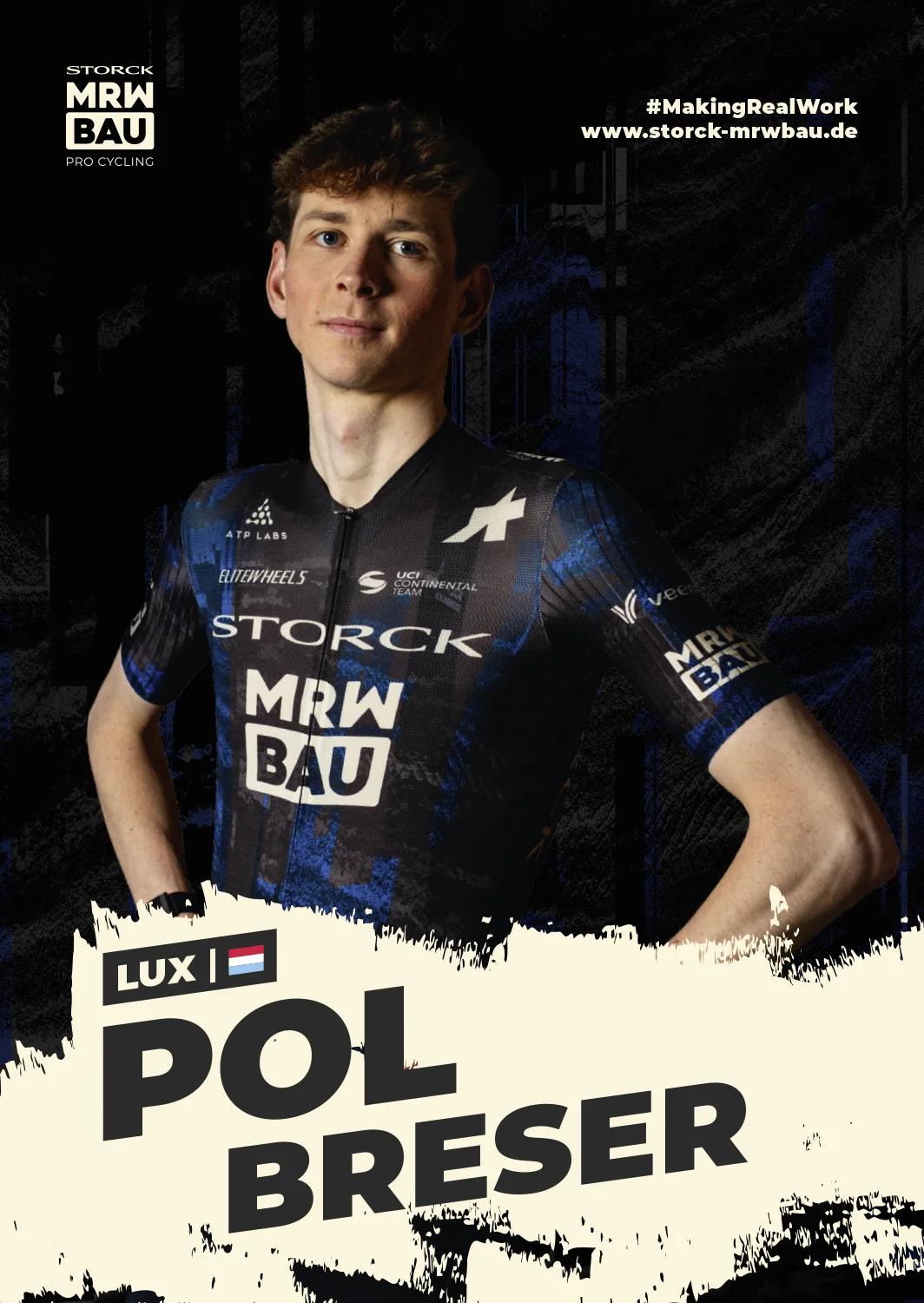Vorderseite der Autogrammkarte von Pol Breser im Trikot des Teams Storck MRW Bau, jubelnd mit ausgebreiteten Armen, mit Name, Nation und Flagge.