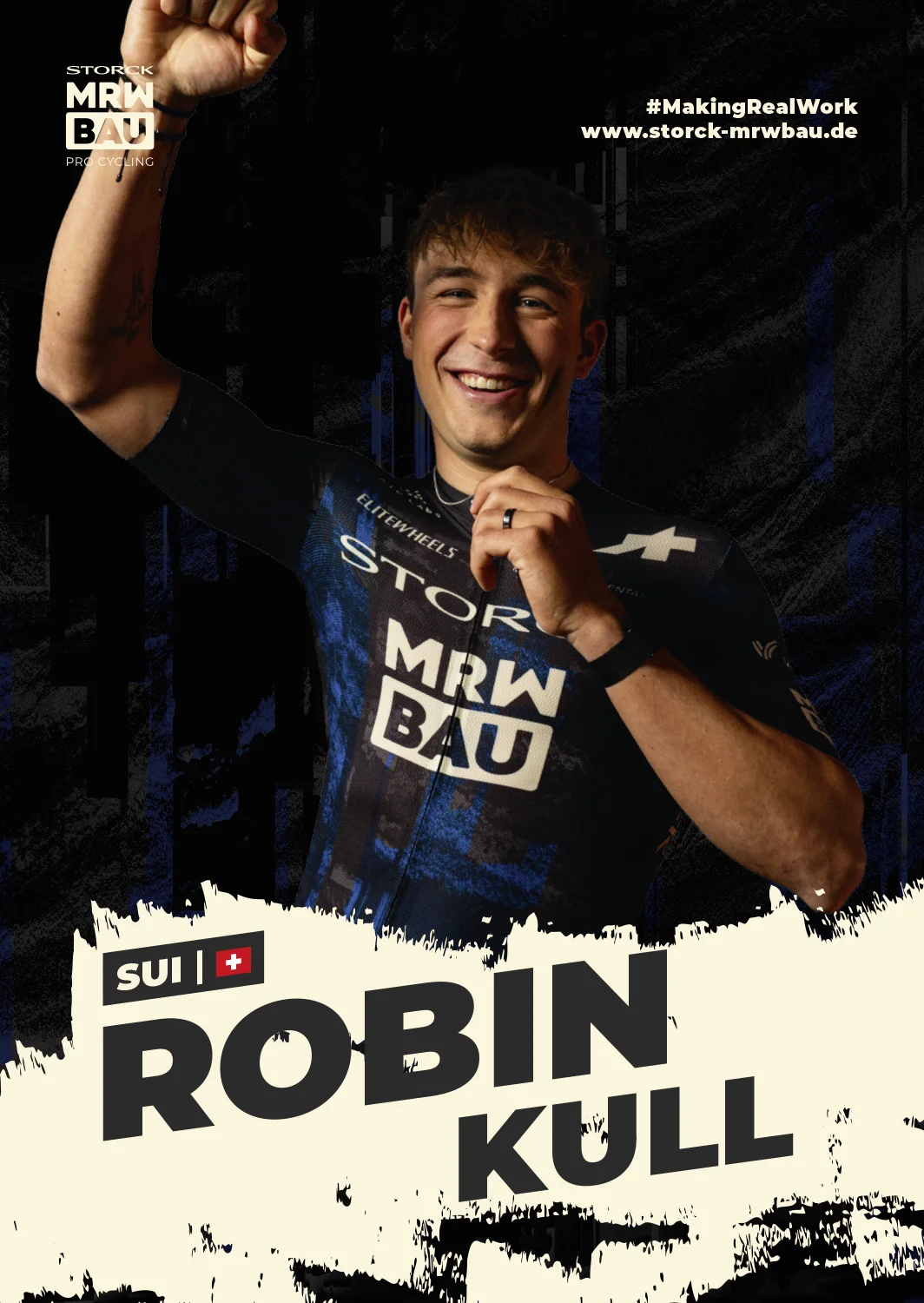 Vorderseite der Autogrammkarte von Robin Kull im Trikot des Teams Storck MRW Bau, jubelnd mit ausgebreiteten Armen, mit Name, Nation und Flagge.