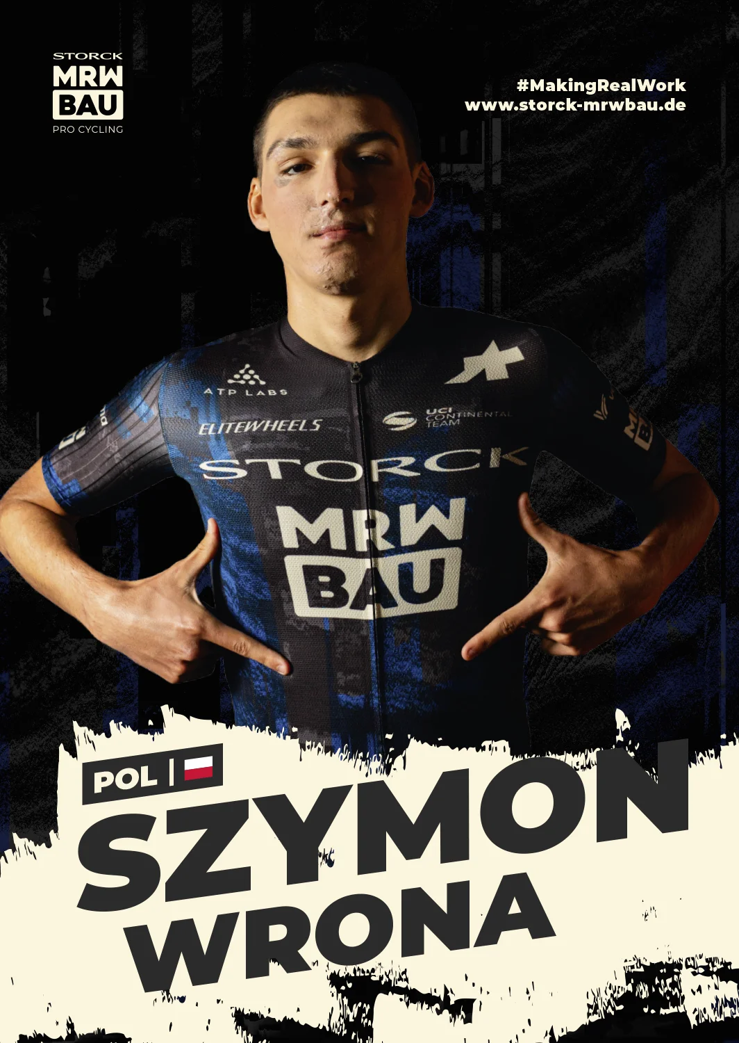 Vorderseite der Autogrammkarte von Szymon Wrona im Trikot des Teams Storck MRW Bau, jubelnd mit ausgebreiteten Armen, mit Name, Nation und Flagge.