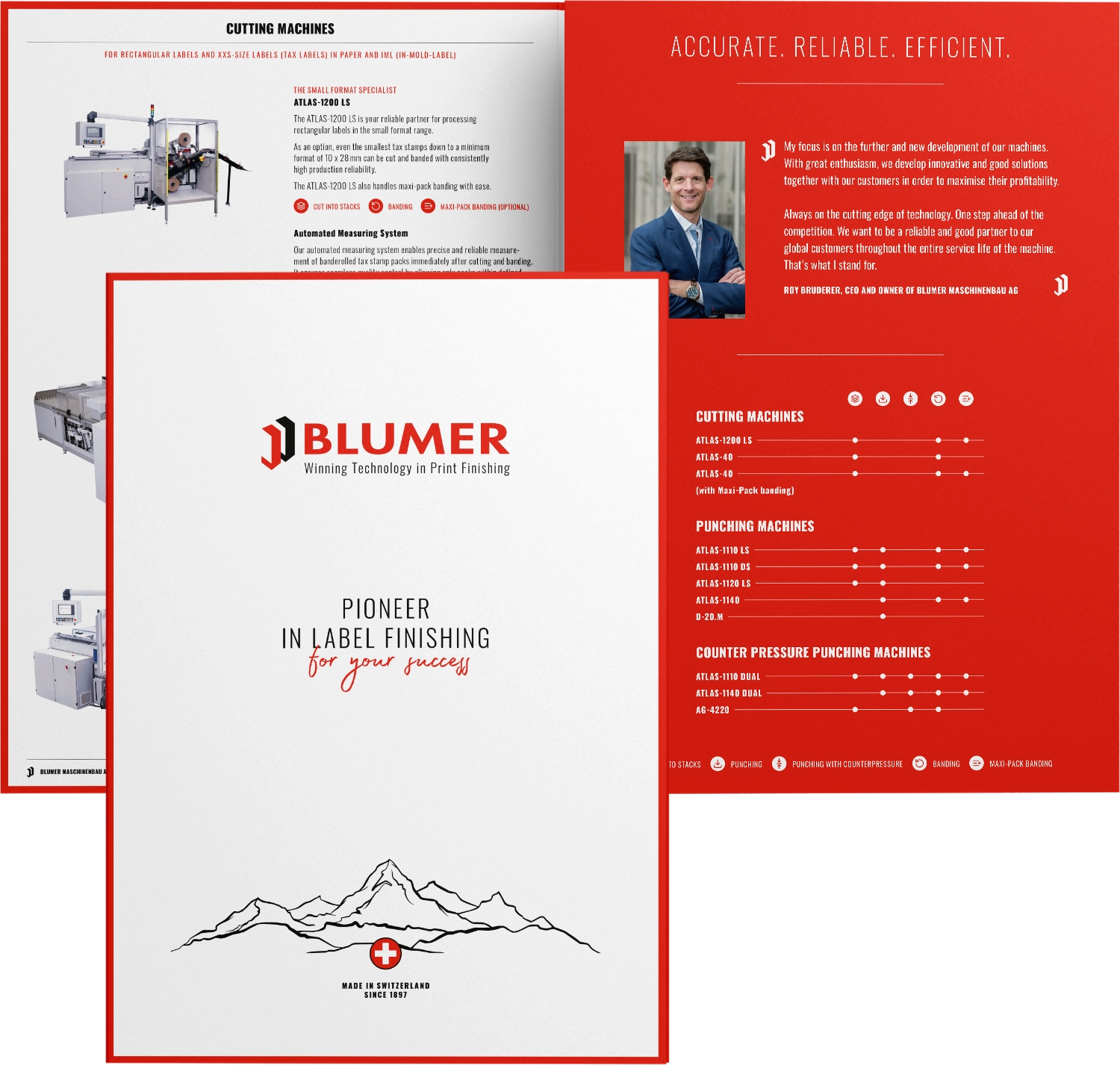 Produktbroschüre und Kommunikationsdesign für industrielle Schneid- und Stanzmaschinen der Blumer Maschinenbau AG.
