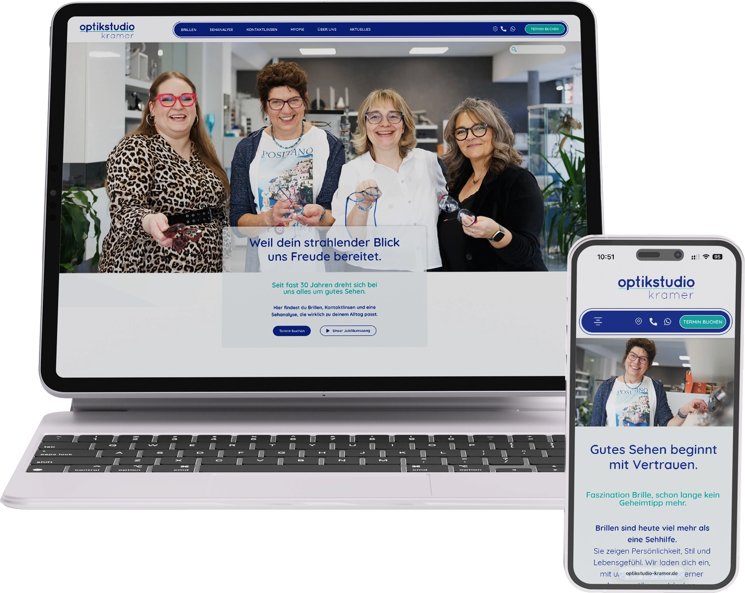 Webdesign für Optikstudio Kramer Weinheim – responsive Darstellung auf Desktop und Smartphone