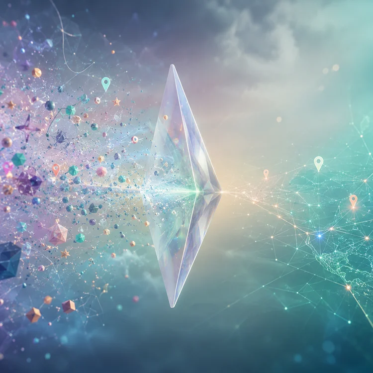 Abstraktes 3D-Bild mit einem transparenten Prisma, das chaotische Daten in ein geordnetes Netzwerk mit Standortmarken überführt – als Metapher dafür, was Google über ein Unternehmen erkennt.