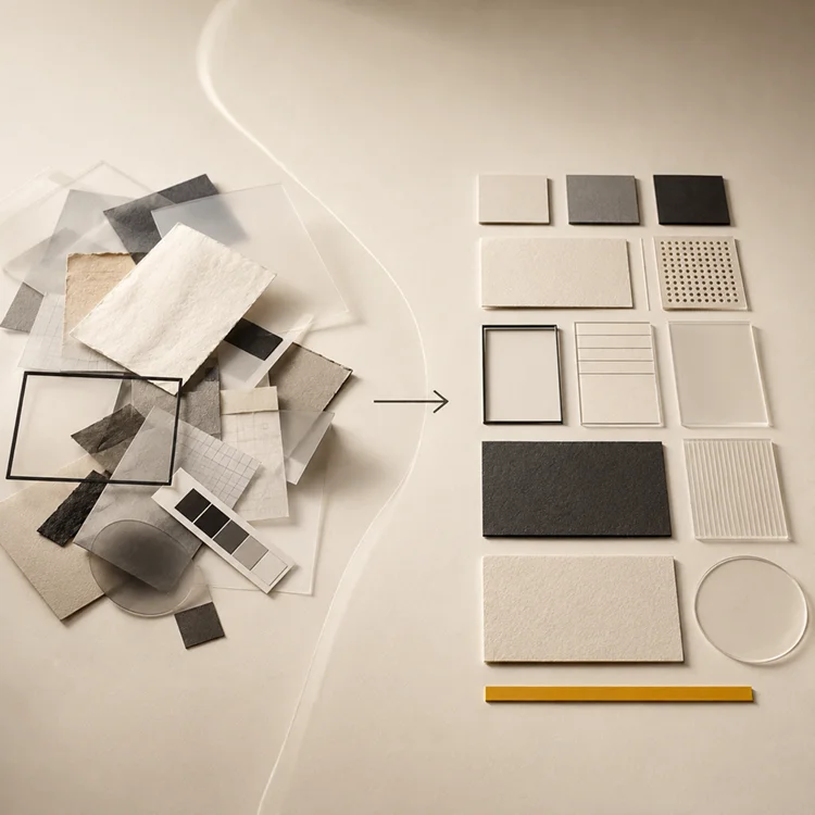 Materialien und Gestaltungselemente ordnen sich von kreativem Chaos zu einem klaren Designsystem für Corporate Design.