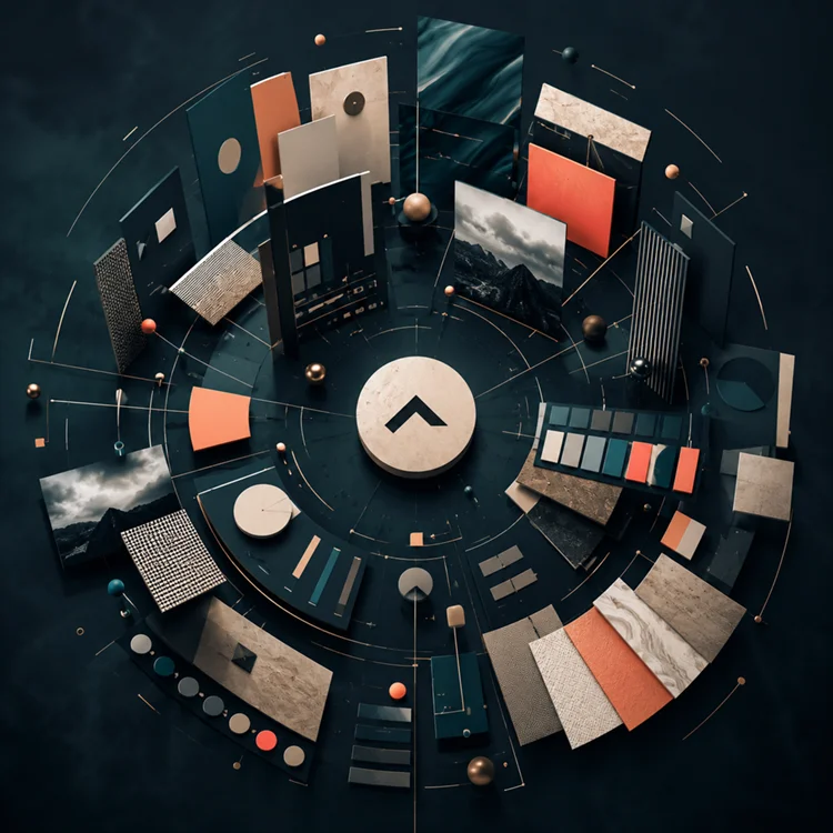 Abstraktes Moodboard mit Farben, Formen und Materialien rund um ein zentrales Logo als Metapher für Corporate Design und visuelle Markenidentität.