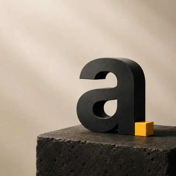 Schwarzes skulpturales a mit gelbem Akzent auf dunklem Sockel als Symbol für starke Markenwirkung ohne lautes Logo.